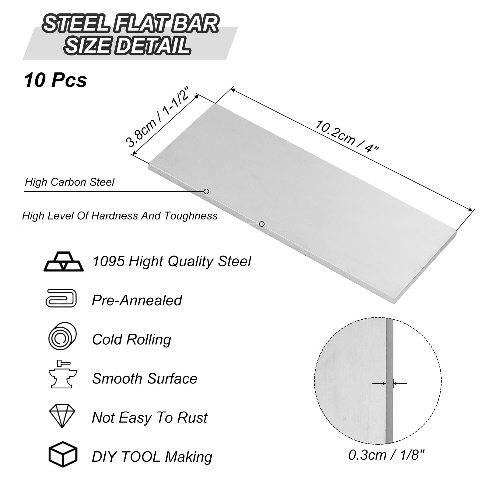PATIKIL 10 Paquete de Acero 1095 para Fabricación de Cuchillos 4" x 1-1/2" x 1/8" Acero Recocido Laminado en Frío Plano para Hoja de Metal en Blanco