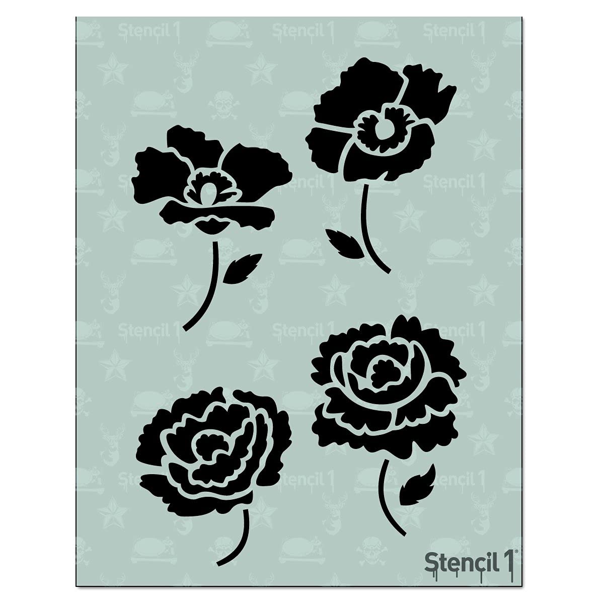 Stencil1 S1_01_143 Peonies & Poppy Stencil, 8.5" by 11", White