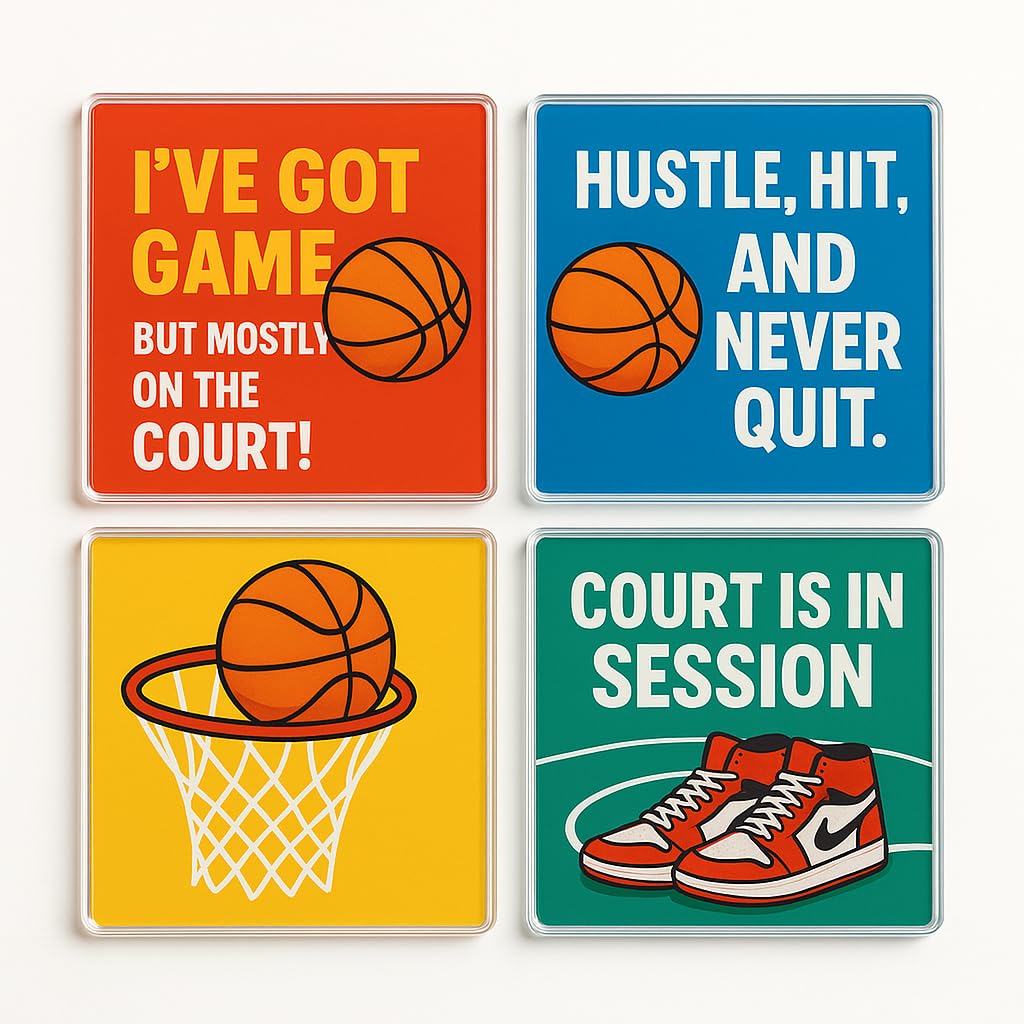 The Plum Penguin Basketball Vibes Acrylic Coaster Gift Set Of 4 With Basketball-Themed Designs - Court Vibes Home Decor For Sports Fan Enthusiasts