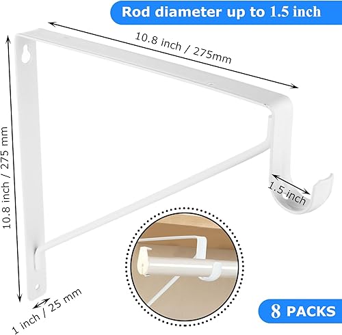 Miniatura 2 de Paquete de 8 soportes de barra de armario resistentes de 11 x 11 x 1 pulgadas, soporte de barra de acero blanco para colgar ropa, estante montado en