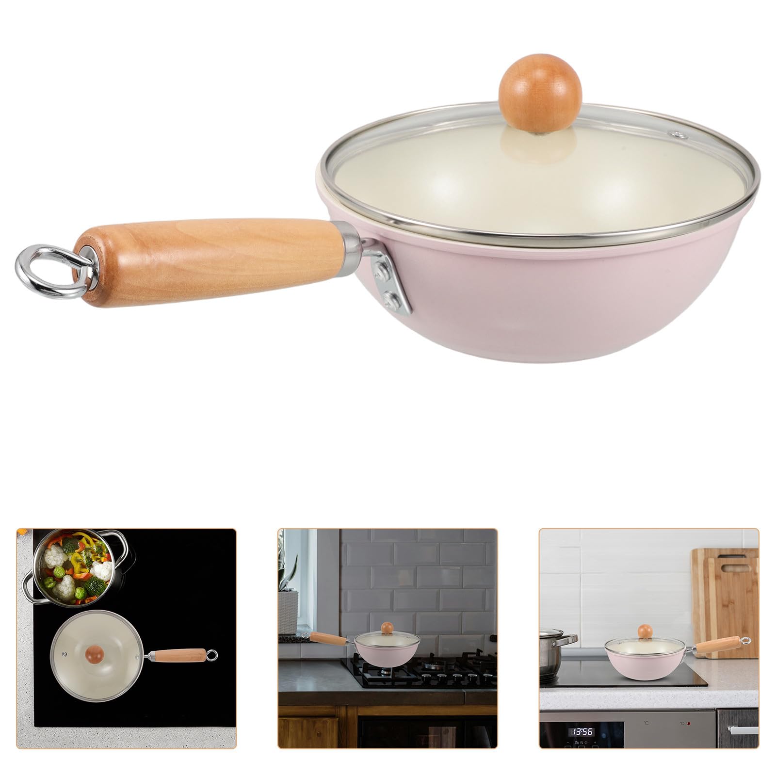 Mobestech Sartén de Hierro Antiadherente con Mango de Madera y Tapa de Vidrio para Cocina de Inducción, Resistente al Desgaste y Superficie Antiadherente