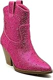 Forever Women's Rhinestone Block Heel Ankle Boots River-01 Fuchsia 8