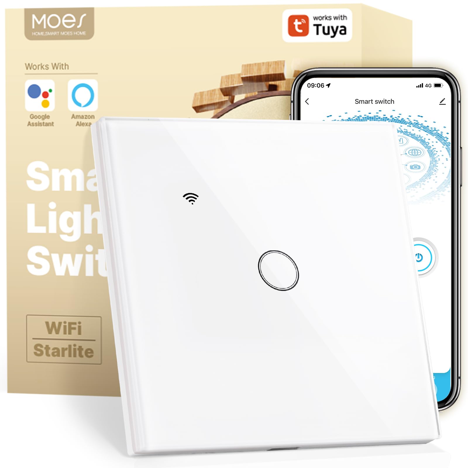 MOES Interruptor de Luz Inteligente WiFi Táctil, 1 Vía y 1 Botón con Panel de Cristal, Compatible con Alexa y Google Home, funciona con Smart Life y Tuya. Solo para redes 2.4GHz, Blanco
