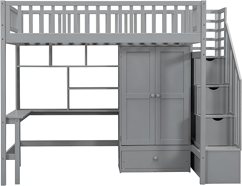 Miniatura 6 de Cama alta multifuncional de tamaño individual con estantería y cajones marco de cama de madera con escritorio y armario cama alta de almacenamiento