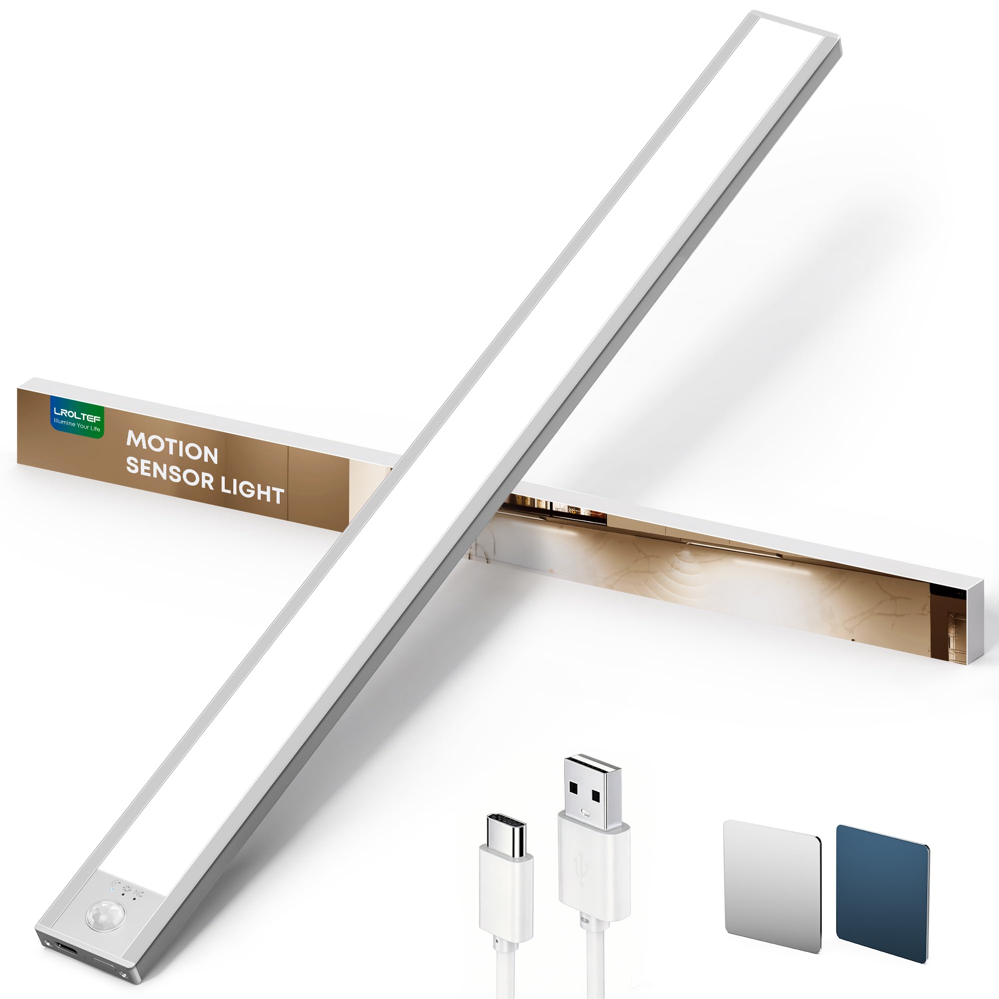 LROLTEF Schrankbeleuchtung Küche Led Lampe mit Bewegungsmelder 6500K 60cm | 4400mAh Unterbauleuchte Schranklicht mit Motion Sensor, Dimmbar Aufladbar Magnetische Treppenlicht, 1 Stück