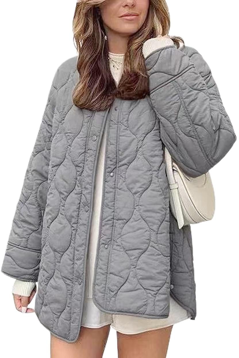 Women's Fall Winter Quilted Cotton Coat: Loose Fit Round Neck Casual Jacket, Solid Color Oversized Padded Outerwear for Trendy Daily Streetwear — view 7