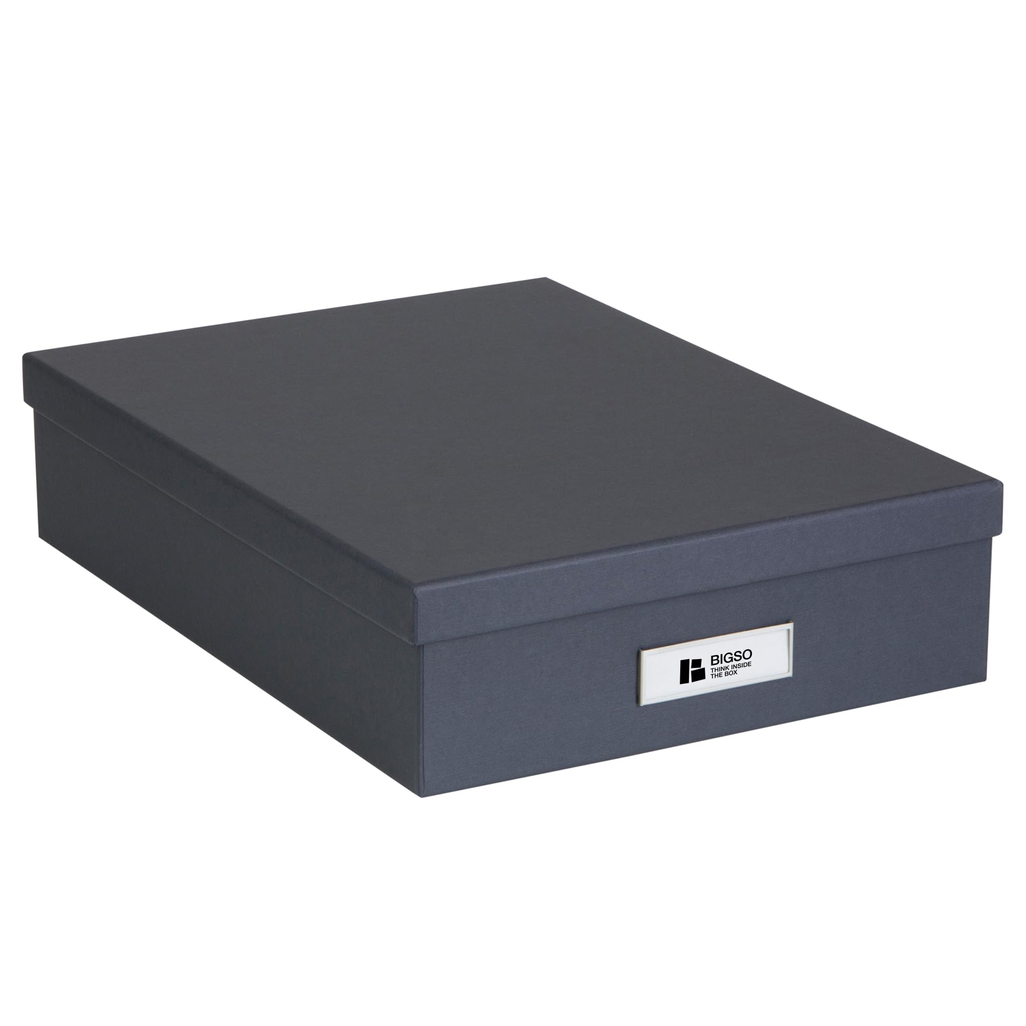 Bigso Oskar Fiberboard Label Frame Document Letter Box | File Organizer Document Box for Important Paperwork | Document Storage Box with a Lid & Metal Label Window | 3.3?x10.2?x13.8? | Dark Grey