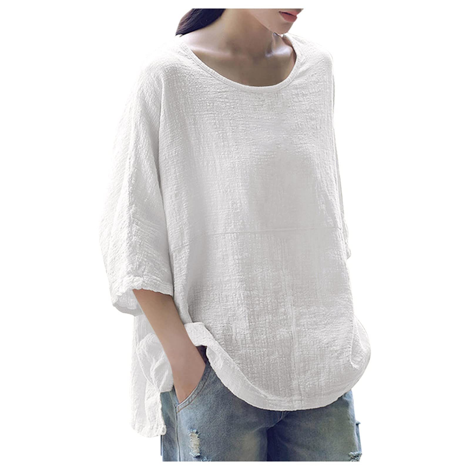 VEMOW Camisetas de Tallas Grandes Algodón y Lino Manga 3/4 Mujer Última Moda Básico Elegantes T-Shirt Cuello Redondo, Verano Informal Suelto Blusas y Camisa Fiesta Tshirt Original tee