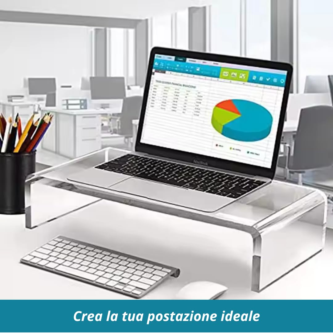 Debora Carlucci Supporto per Monitor Acrilico Alzatina Rialzo Pc Schermi Laptop Computer Notebook in Plexiglass Trasparente Made in Italy 34x19x10 cm Spessore 1 cm