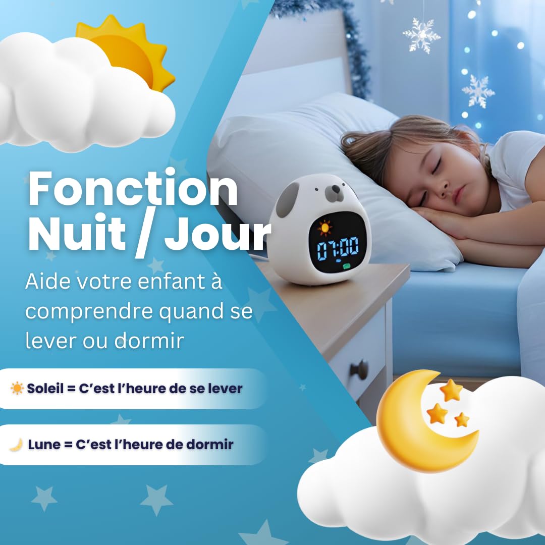 Lernwecker für Kinder, Tag / Nacht – Nachtlicht für Kinder, Musik und Licht, Lernuhr mit entspannender Musik – weißes Geräusch, Dekoration für Babyzimmer, Lichtwecker – 4 NIV Helligkeit (Hund)