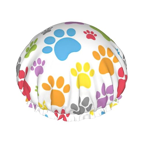 Gorro de ducha reutilizable con estampado de patas de perro para mujer, pelo largo, doble capa impermeable, gorro de ducha para niños, niñas y
