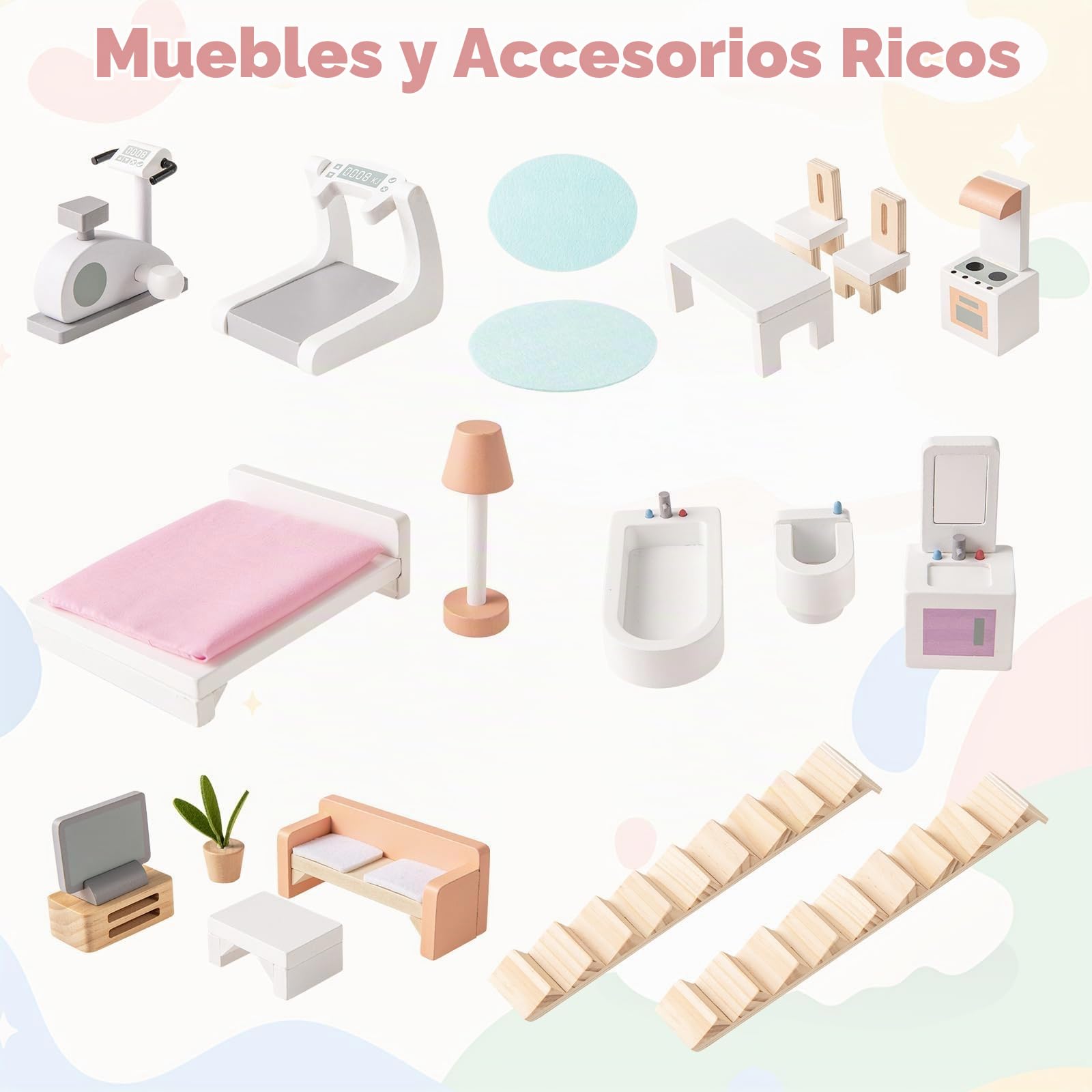 RELAX4LIFE Casa de Muñecas de 3 Pisos con Muebles, Tejado Doble y Panel Frontal Abierto, Casa de Muñecas Madera para Niños de 3-7 Años, Regalo para Niños, 55 x 33,5 x 66 cm, Rosa