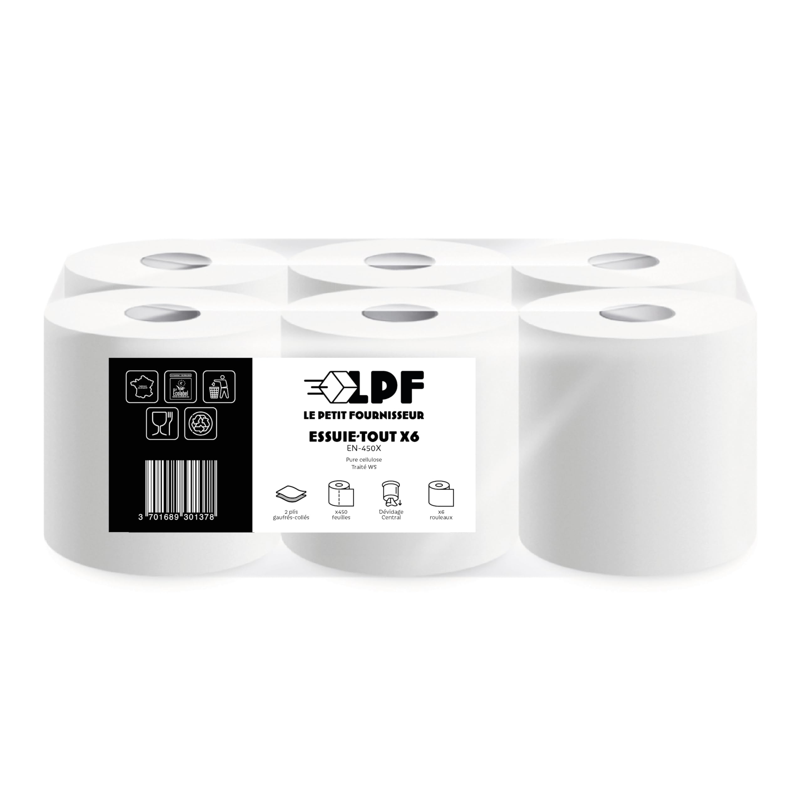 LPF LE PETIT FOURNISSEUR – Essuie-Tout Professionnel Dévidage Central – 450 Feuilles 18x18cm – Double Épaisseur Pure Ouate – Absorbant & Résistant – Contact Alimentaire – Made in France – Lot de 6