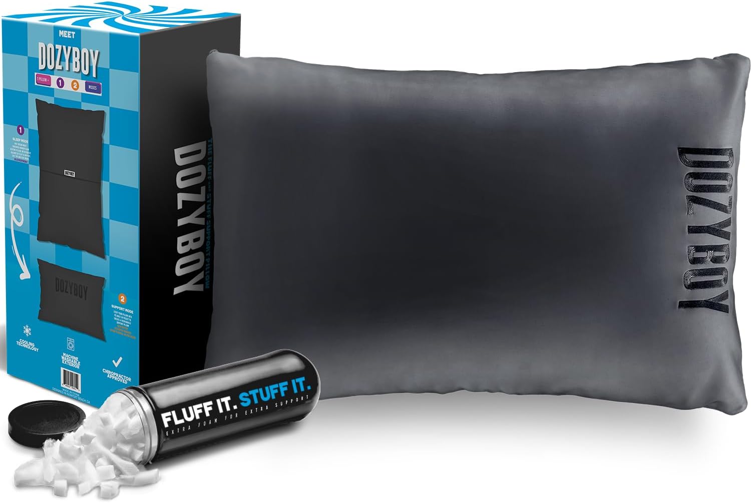Fluff and Stuff Comfort Pillow | Queen Size Memory Foam Pillows, Chiropractor Designed and Approved 2-in-1 Back Support and Bed Pillows | Fully Adjustable Pillow (Black, Queen (Pack of 1)) Black Queen (Pack of 1)
