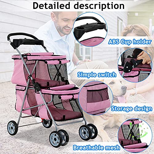 Dkeli 4 Wheel Pet Stroller For Small And Medium Dog Cats, Double Dog Stroller With Cup Holder, Folding Travel Cage For 2 Puppies Or Two Kittens, Pink #TOP1