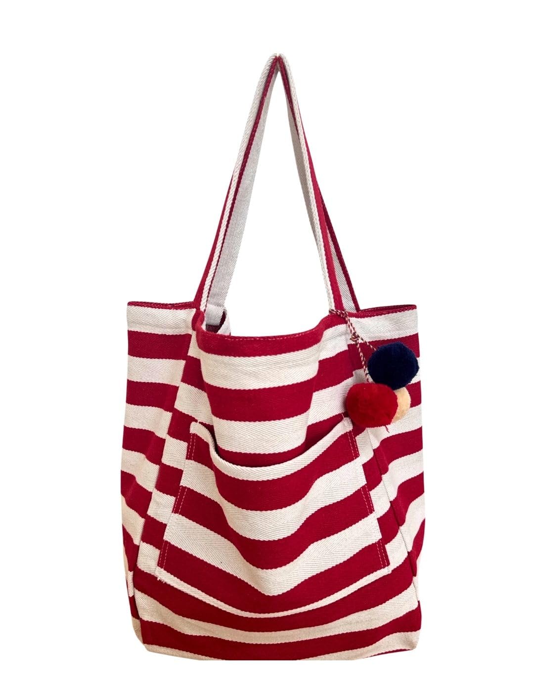 happymaker - Leichte XXL Strandtasche Damen, rot weiss gestreifte Sommertasche aus Stoff für Urlaub & Strand, großer Shopper leicht & faltbar mit buntem Pom Pom Anhänger