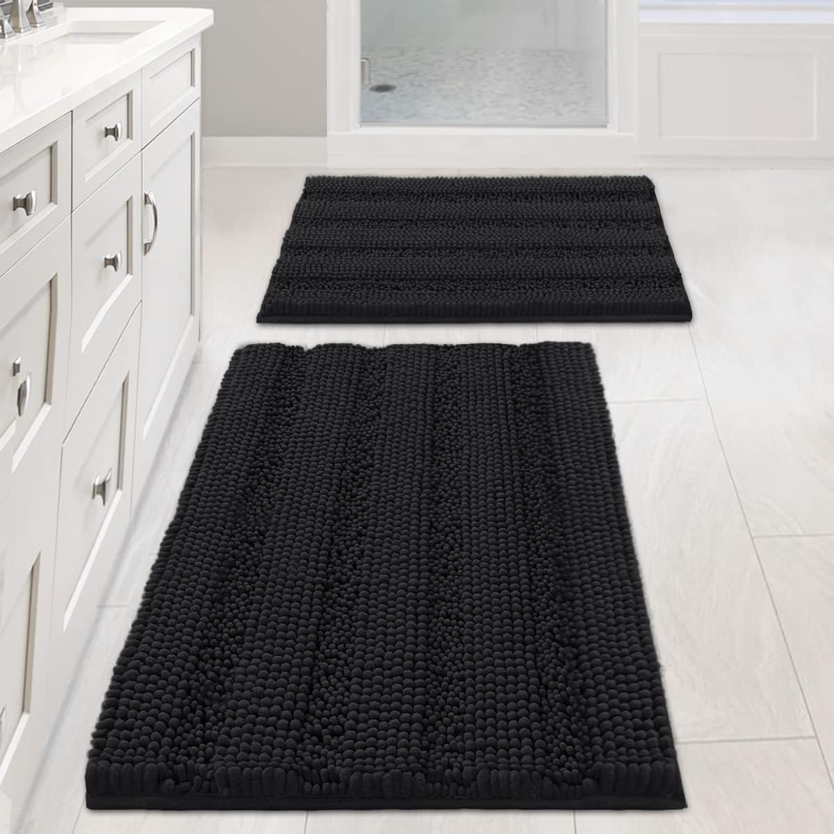 H.VERSAILTEX Black Bathroom Rug Set, Extra Thick Striped Bath Mats for Bathroom Floor 2 Piece, Bath Mat Set Anti-Slip Soft Plush Chenille Shower Rugs for Bathroom Waterproof (20" x 32"/17" x 24") 20" x 32" Plus 17" x 24" Black