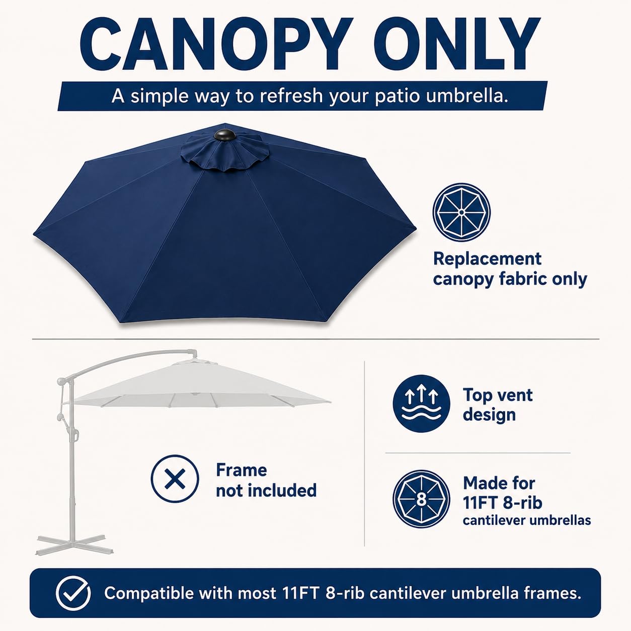 Générique Toile de remplacement parasol déporté 3,3 m, 8 baleines