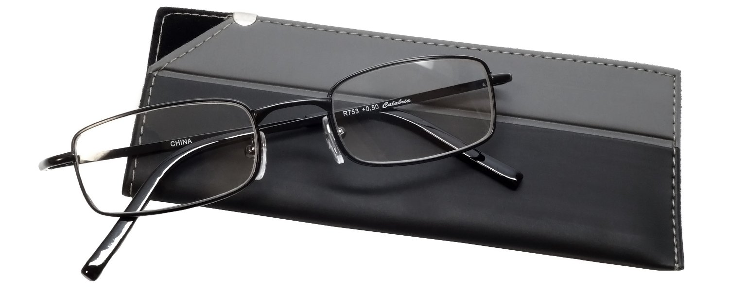 Calabria 753-XL Rectangle Reading Glasses +1.00 Black w/Case Men Women Designer Metal Readers Adjustable Nose Pads