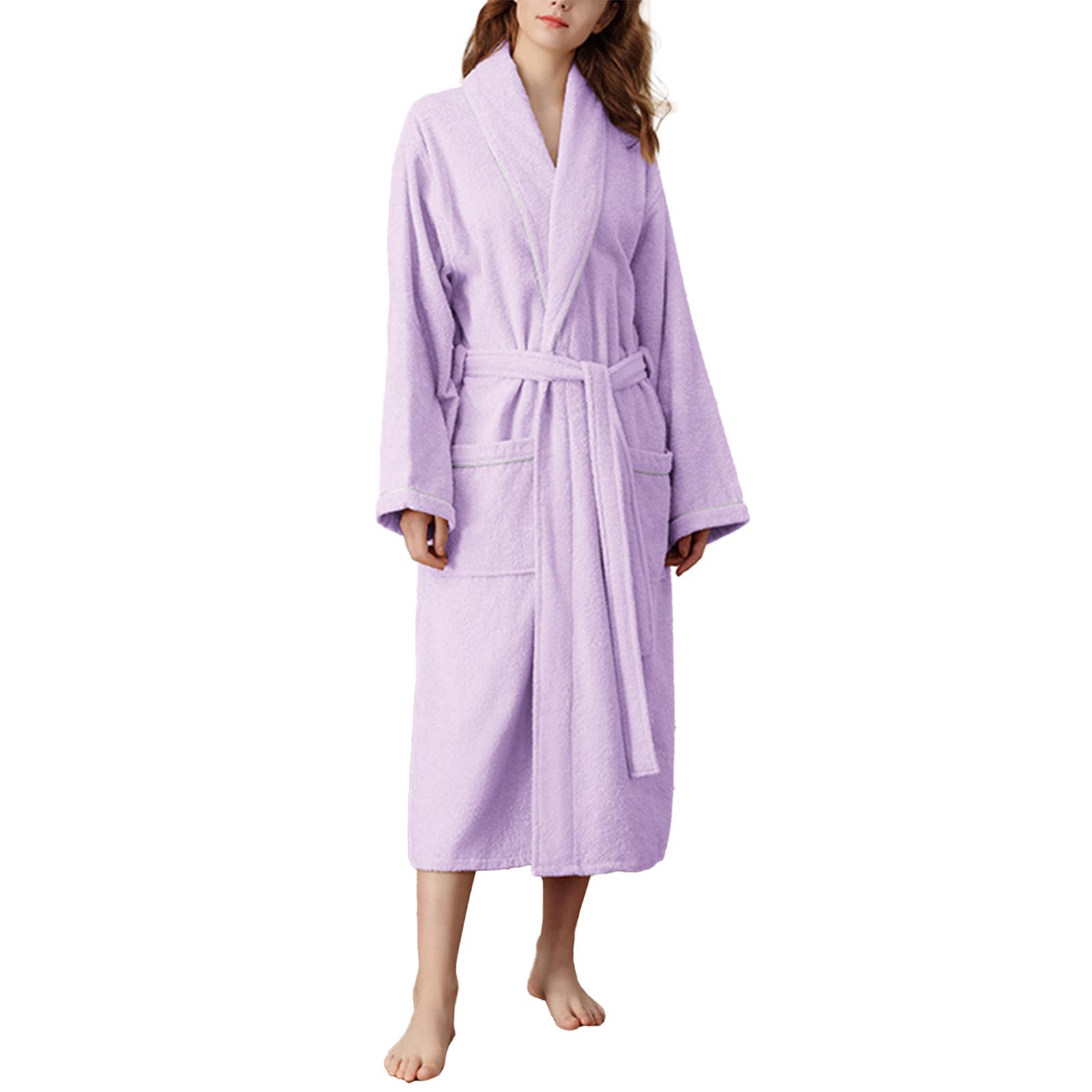 TIANQIHAO Terry Cotton Bathrobe For Men Long Spa Robe Soft Touch Women'S Robe Long Kimono,Purple-Small