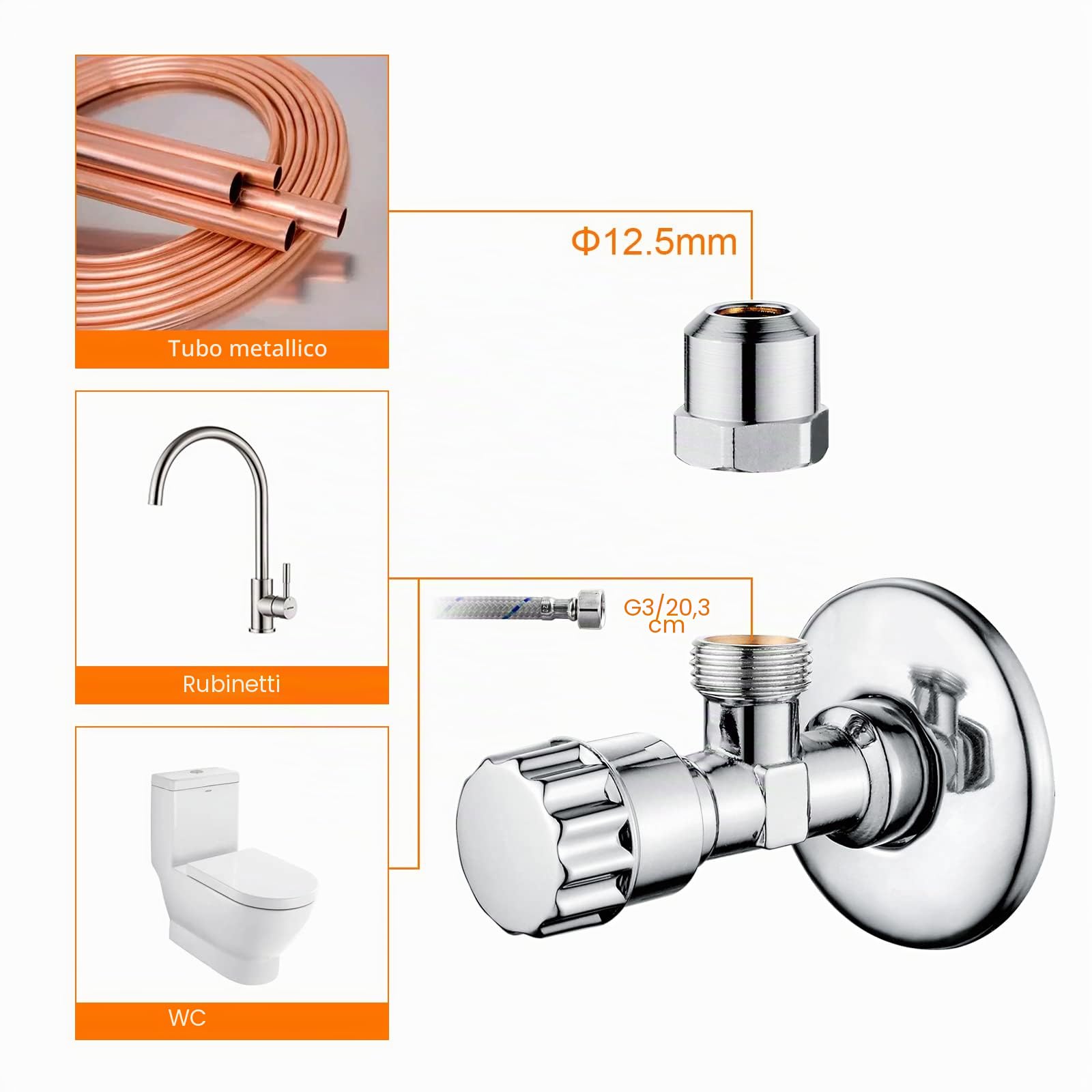 Ibergrif M22022-2 Valvola Angolare Autosigillante 1/2" x 3/8" Universale, Rubinetto Sottolavello in Ottone Cromato, Valvola Acqua Parete Resistente, Set 2 Pezzi per Cucina Bagno