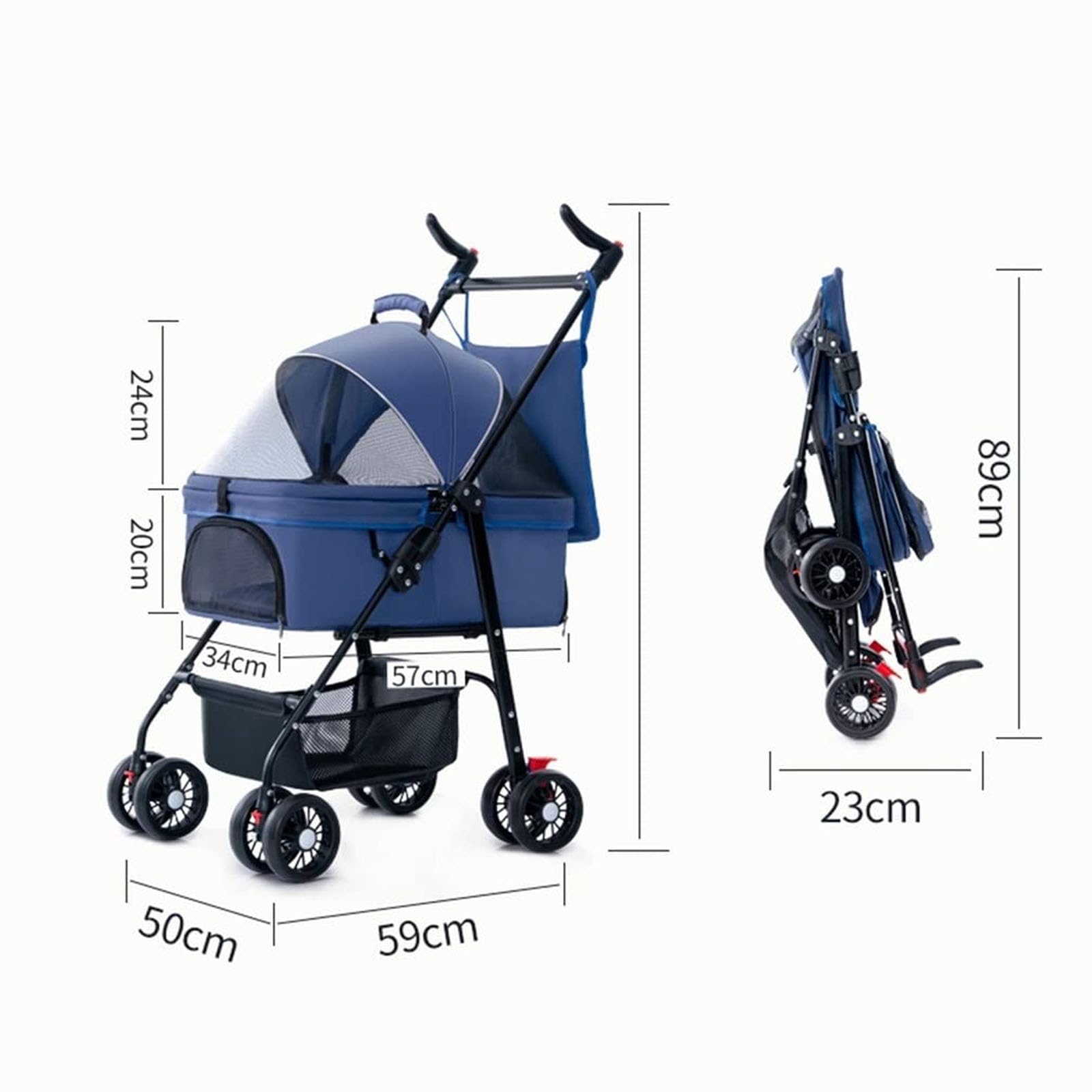 Passeggino per Cani 3 in 1, Passeggino Pieghevole per Animali Domestici con Cestino portaoggetti e Maniglia Regolabile, Passeggino da Jogging per Cani e Gatti,Nero