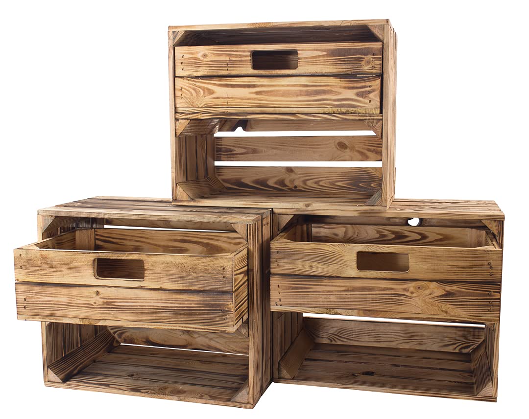 3 geflammte/flambierte Apfelkisten mit Schublade und Fach 50cm x 40cm x 30cm Regal Holzkiste Kiste Obstkiste