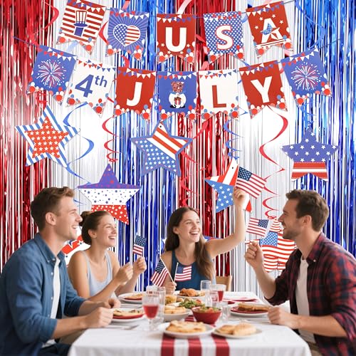 Image of 4th of July Decorations Set Red White and Blue Decorations, Including LOVE USA Banner Foil Fringe Curtains Hanging Swirls for America Patriotic Party, Memorial Day, Independence Day, Labor Day
