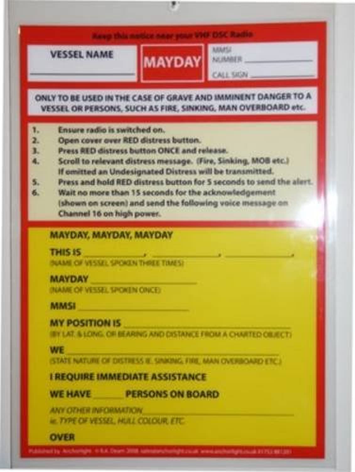 Anchor VHF DSC Mayday Procedure Card