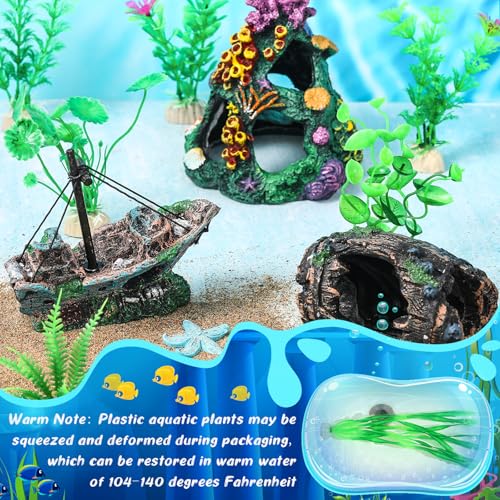 Image of Zeyune 15 Pcs Fish Tank Decorations Mountain Ornament Broken Barrel Sunken Ship Artificial Seaweed Water Plants Colorful Coral Reef for Fish Bowl Aquarium Decor (Green)