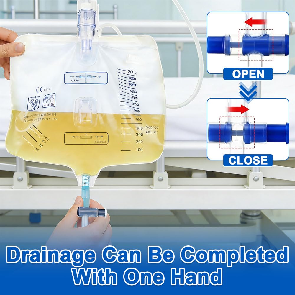 Katheterbeutel, 4 Stück Urindrainagesystem, 2000ML Urinbeutel mit T-Ablass, Anti Reflux Ventil und Schlauch, Urindrainagebeutel, Urinsammelbeutel Drainagebeutel