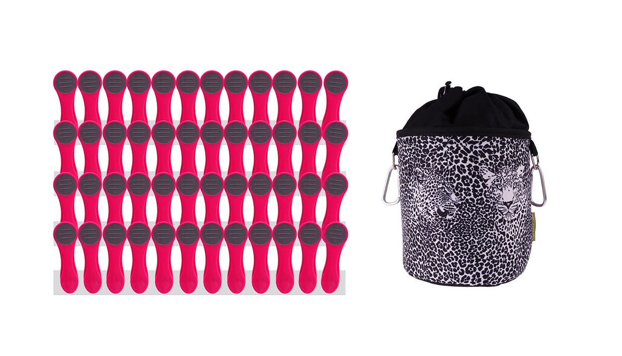 BellaCott 48 Clothes Pegs Pink with Stainless Steel Feathers and 1 Design Cotton Leopard, Normal