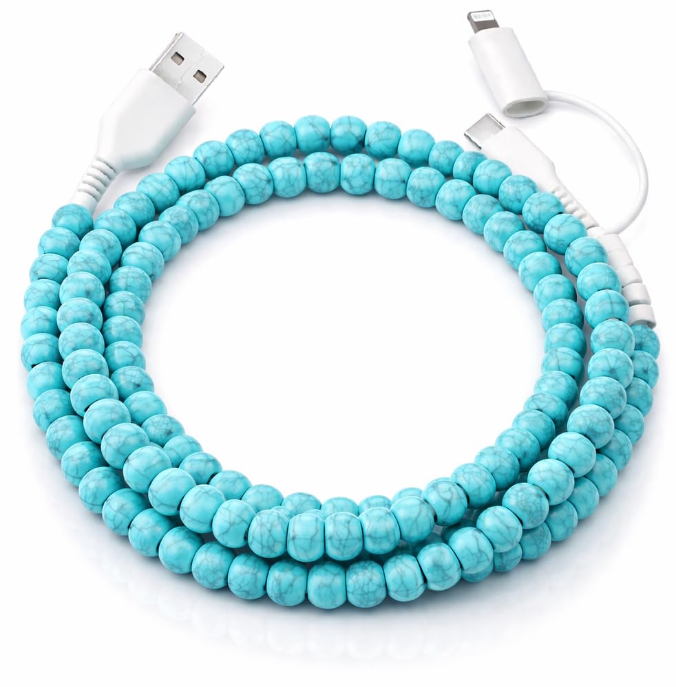 Image of Stylish [Apple MFi Certified] Beaded Phone Charger Cable Metallic Colors USB Cable 2 in1 USB-C Charging Cord for Smartphones 3.3ft (Turquoise)