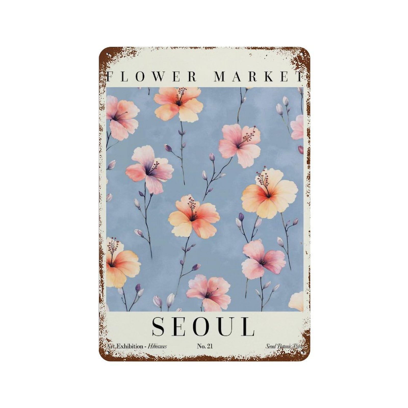 Seoul Hibiscus Flower Market Vintage Metal Tin Sign 11.8"x7.9", Rustic Home Decor for Garage, Bar And Workshop Decor