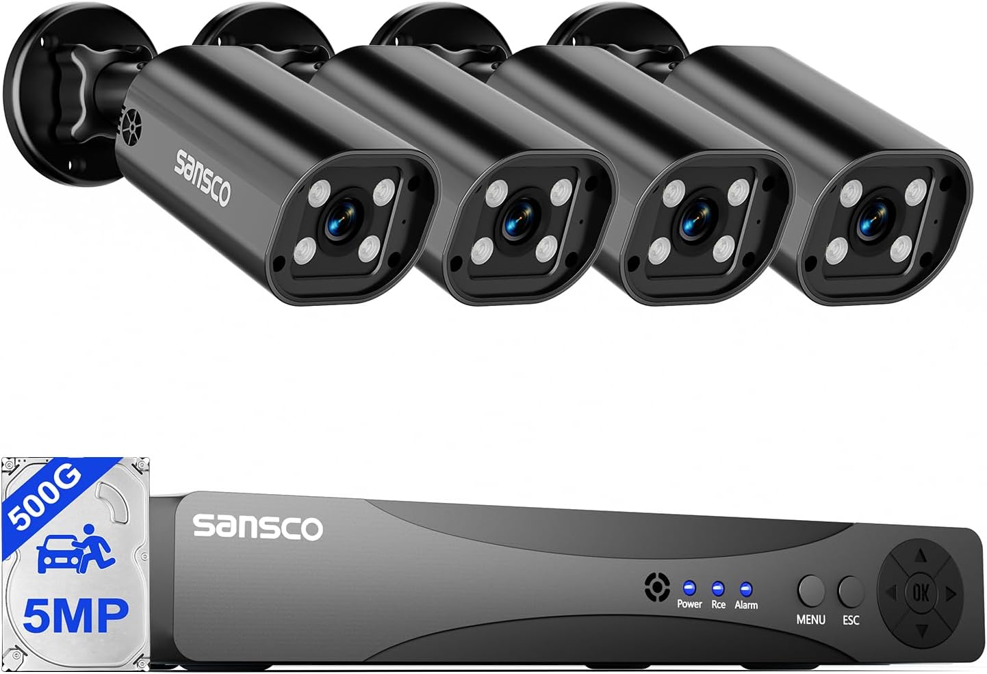 – SANSCO 2-Way Audio, 3K Color Night Vision, 4CH DVR Wired CCTV Camera System with 500GB Hard Drive 24/7 Recording, 4 x 5MP Home Security Bullet Camera Outdoor, Face/Human/Vehicle Detection, APP Alert