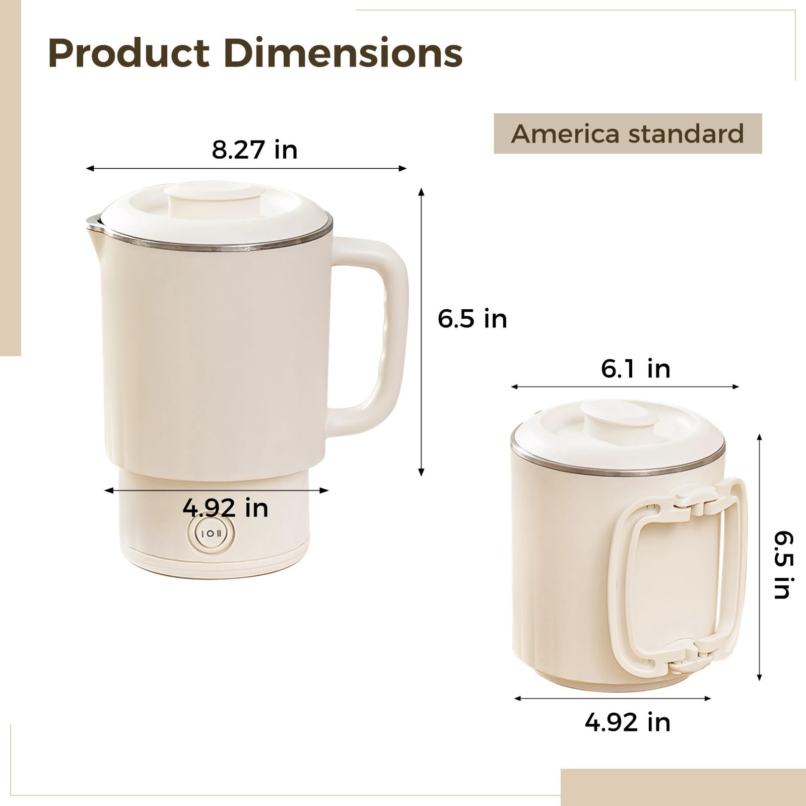 LUMINFLY Foldable Electric Travel Kettle, 800 Ml Stainless Steel, Portable Boiling Pot for Home, Camping, and Travel Use, Leakproof, Safety Design, Beige, Us Plug