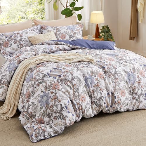 Image of Bedsure Duvet Cover King Size - Reversible Blue Floral Duvet Cover Set with Zipper Closure, 3 Pieces Blossom Patterned Bedding Set with 8 Corner Ties and 2 Pillow Shams 20 inchx36 inch