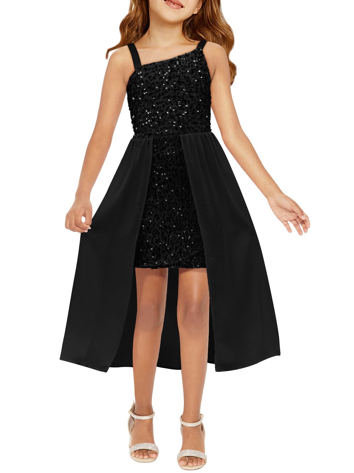 Haloumoning Vestito da bambina con paillettes, formale, scintillante, monospalla, per feste di fine anno, 4-14 anni