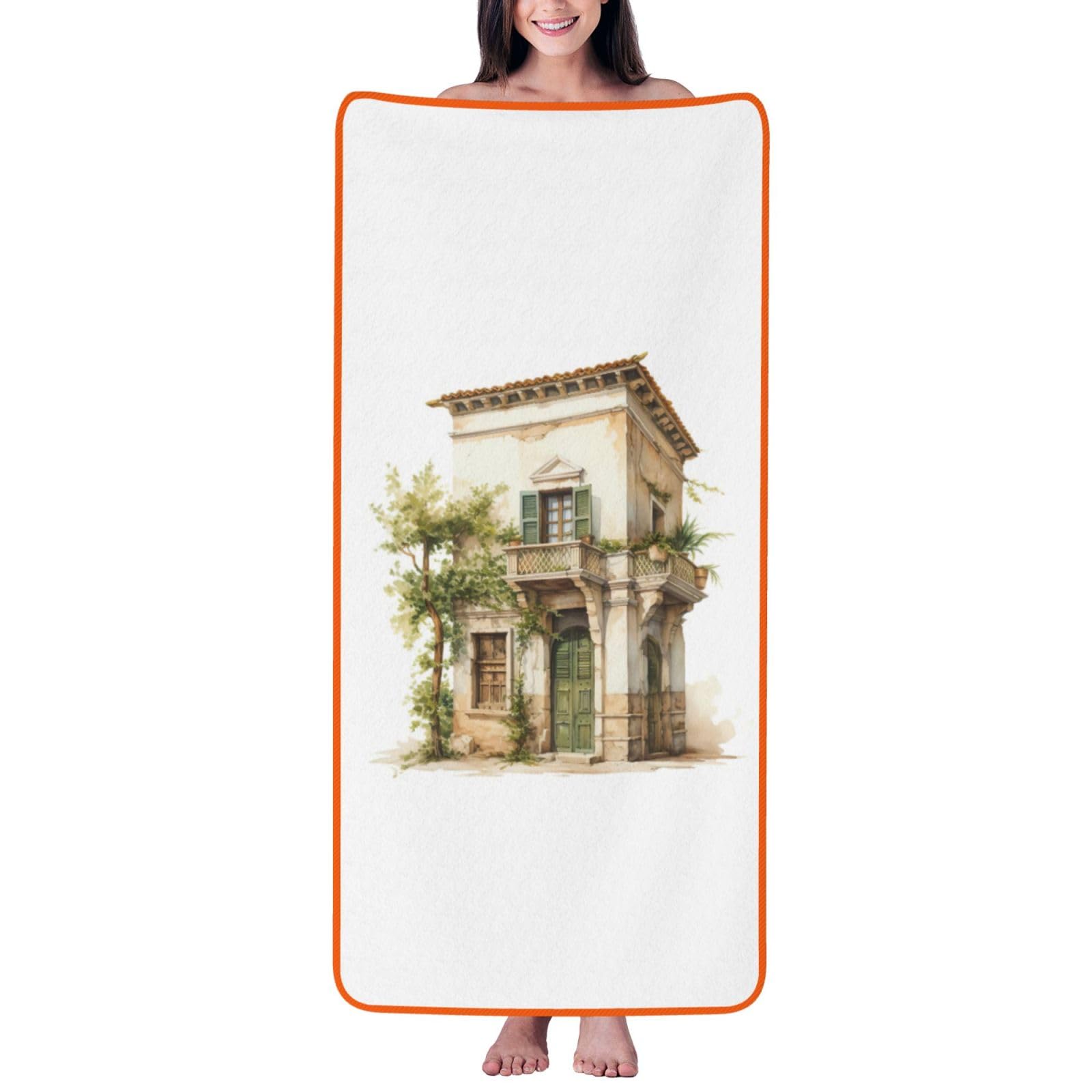 pojknbv Antique Building With Roman Olive Branch And Greek Print Comfortable Coral Velvet Bath Towel Home Bathroom Hotel Spa Beach Travel Holidays