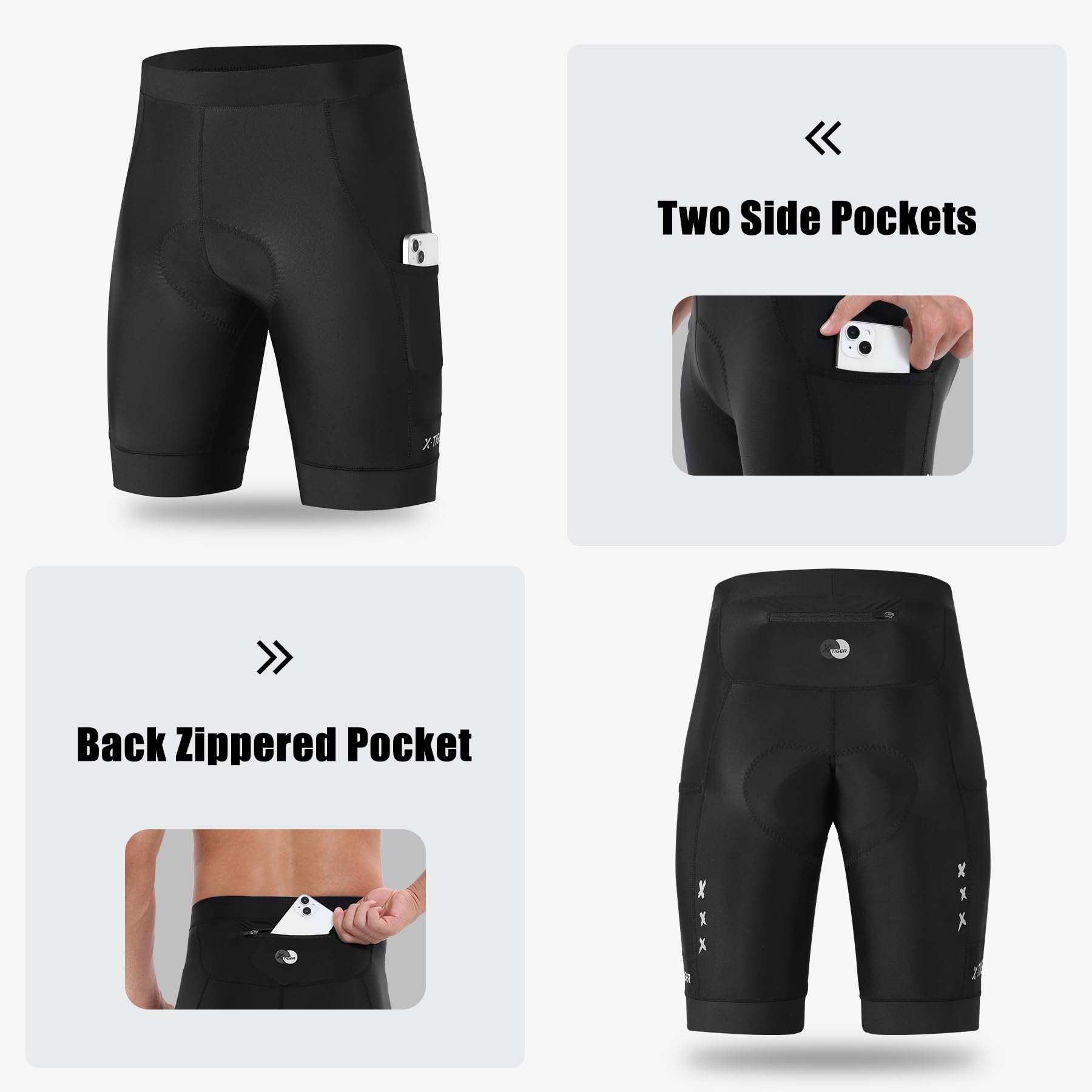 X-TIGER Culotte Ciclismo Hombre Acolchado Pantalon Cortos MTB Bicicleta Pantalones Secado Rápido Transpirable con 3 Bolsillos