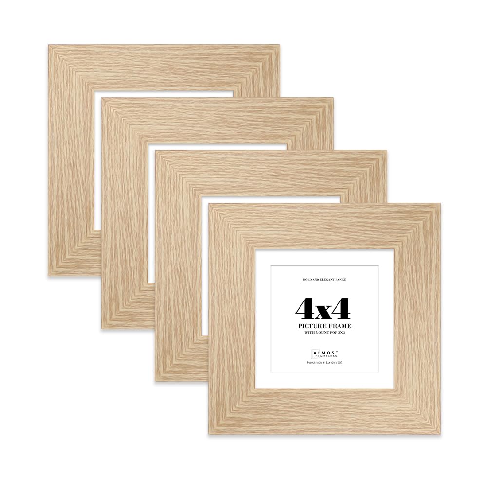 4x4" Oak Square Frame With Mount for 3x3" Pictures 28mm Edge Frame Display with Wall Hooks and Kickstand, 4 Pack