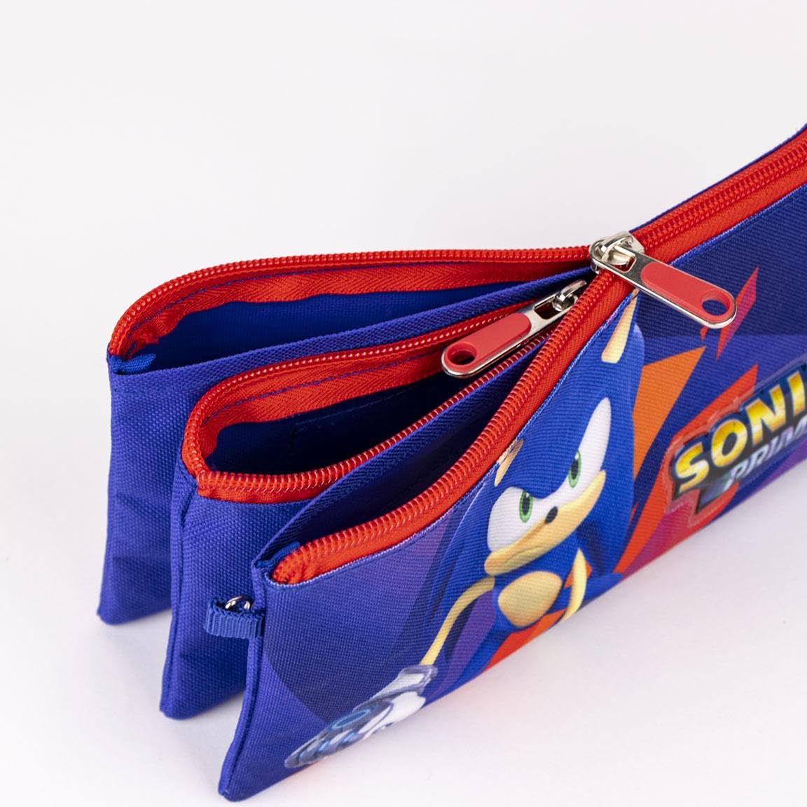 Sonic Prime Triple Compartment Pencil Case, Blue and Red, 22.5 x 2 x 11.5 cm, Made of Polyester, Zip Closure - Image 3