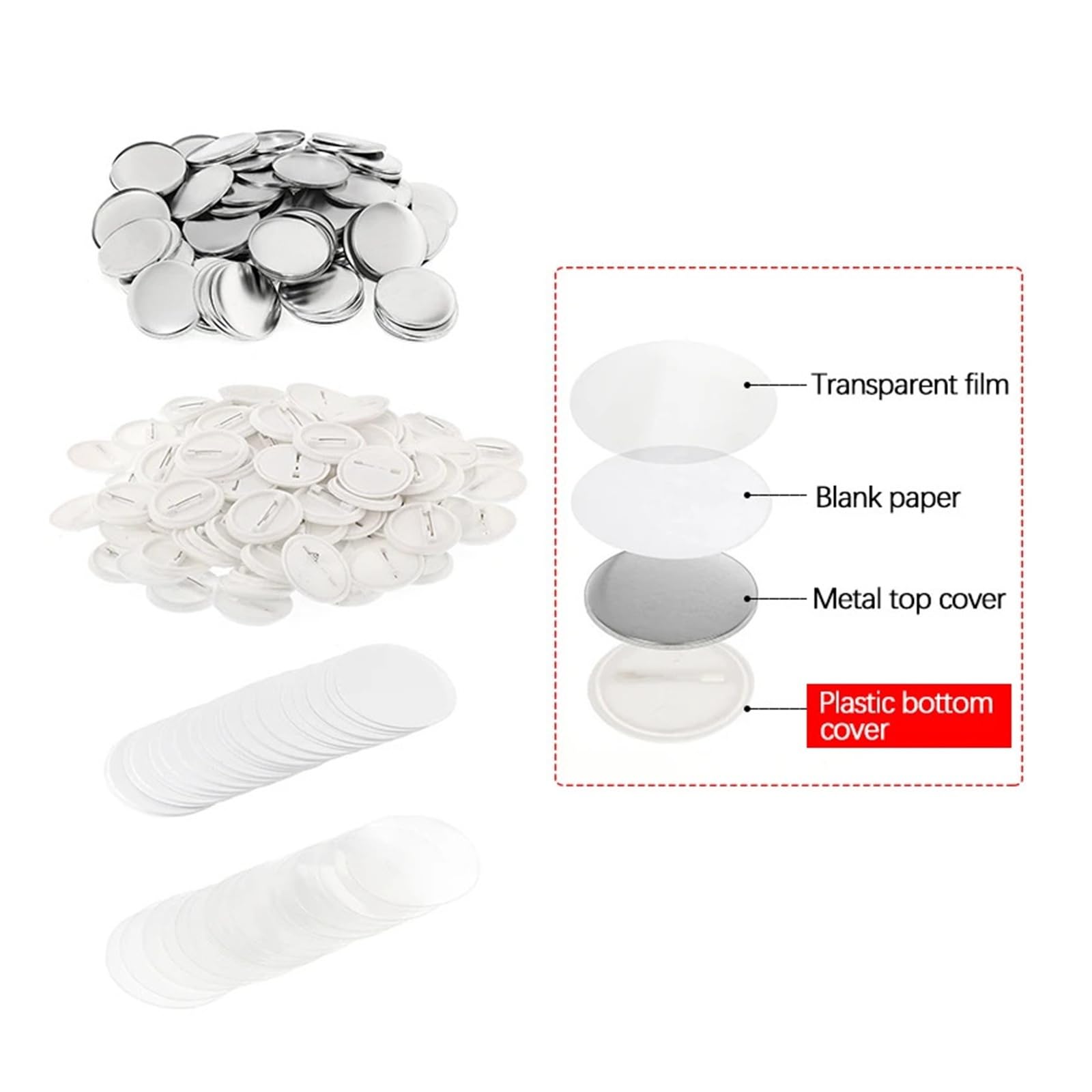 200 zestawów pustych części do guzików 25 mm/37 mm/44 mm/50 mm do maszyny do produkcji guzików, materiały do produkcji okrągłych znaczków DIY Produkcja DIY(50mm)