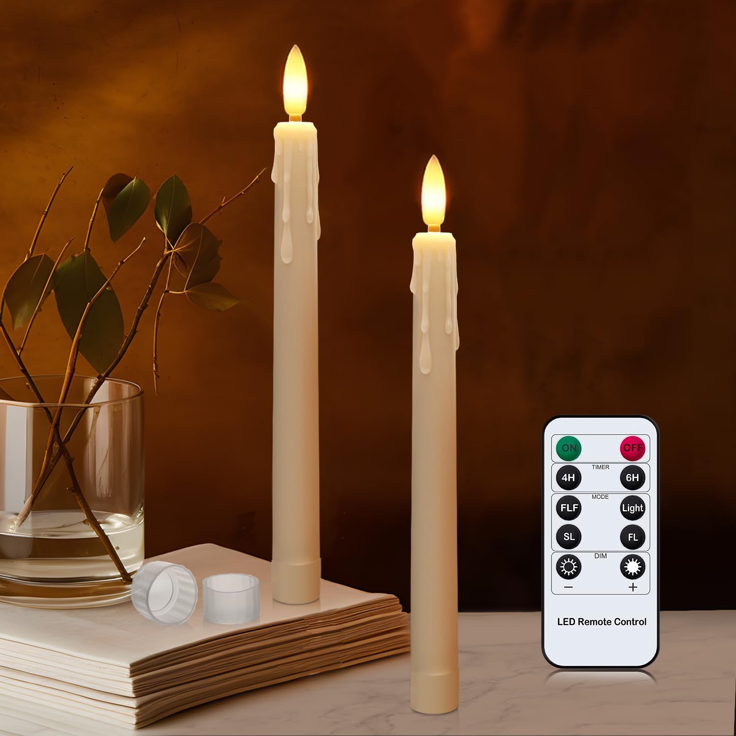 2 PCS LED Flameless Taper Candles with Remote Timer, 7.9" Ivory Taper Candle Sticks Battery Operated, Plastic Window Taper Candles with 3D Wick Flickering Flame for Christmas Home Decor