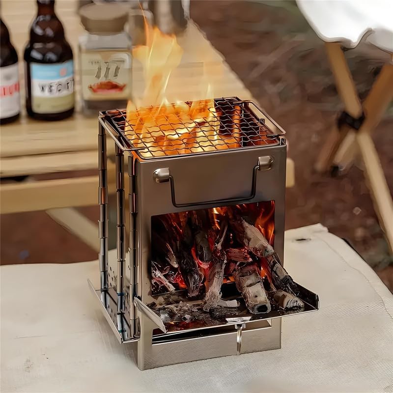 Image of GION Folding Wood Stove Portable Stainless Steel Camping Stove Easy to Carry Compact Design with Carry Bag for Backpacking Hiking Cooking (Small - 24 * 15 * 21cm)