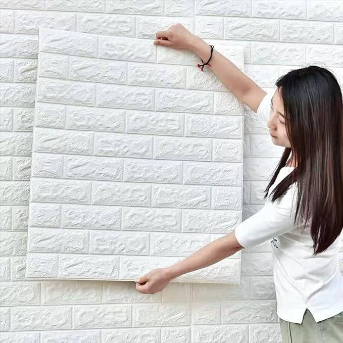 Self Adhesive DIY Peel and Stick 3D White Brick Foam Sheet Wallpaper for Wall Stickers PVC Wall Panel for Home Hotel Living Room Bedroom Kitchen Office (Size 70 x 77cm)(Pack of 1)