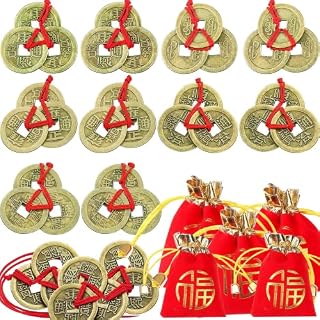 10 Pcs Chinese Fortune Coins Feng Shui Coins Good Luck Coins Traditional Gold Fortune Coins with Red Rope and 5 Pacs Red Lucky Pouch for Wealth, Health and Success, Chinese Theme New Year Decoration