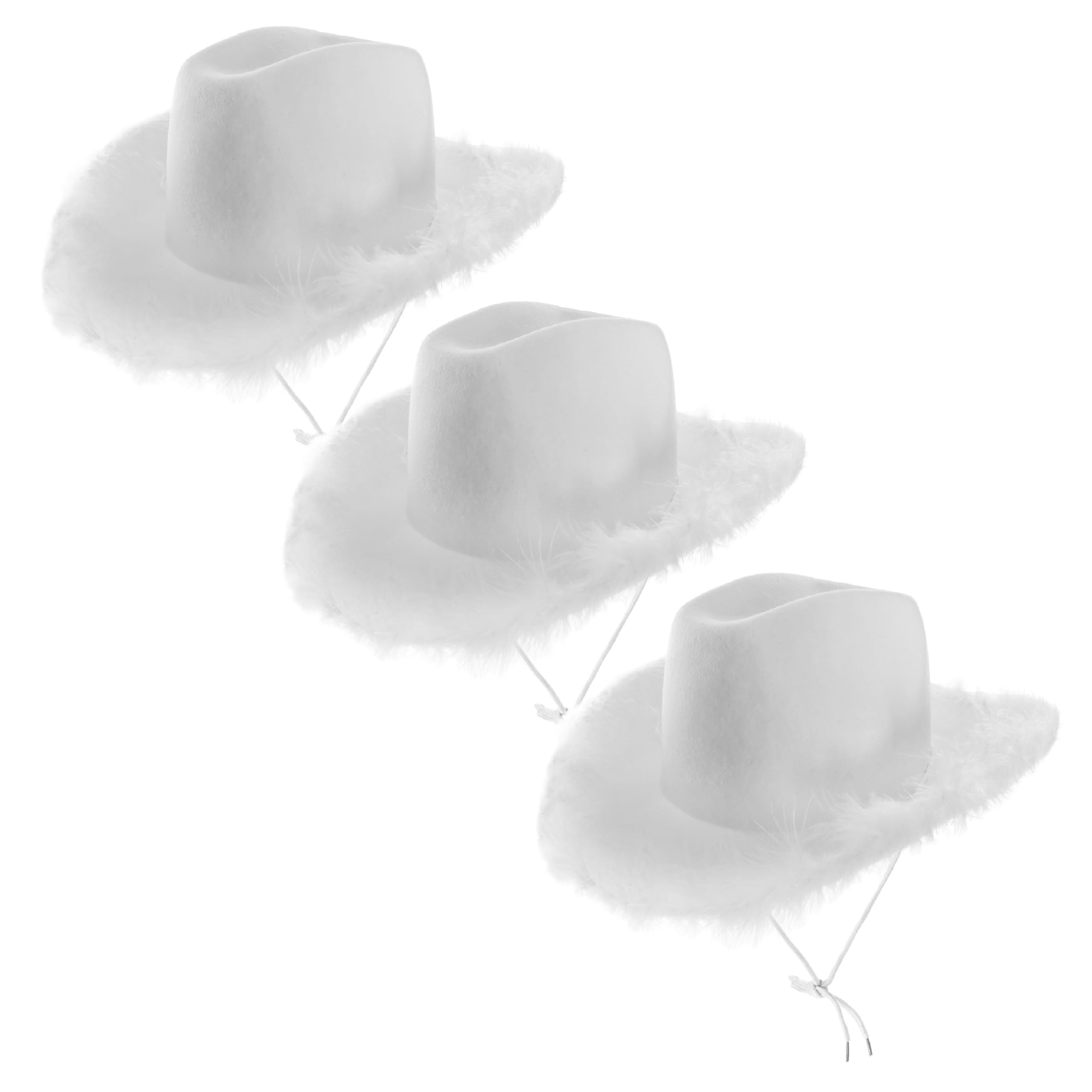 Adults Marabou Cowgirl Hat - Pack of 3 - White Felt Cowboy Hat with Marabou Trim - Adults Fluffy Trim Cowgirl Hat Western Party Hen Party Fancy Dress Accessory