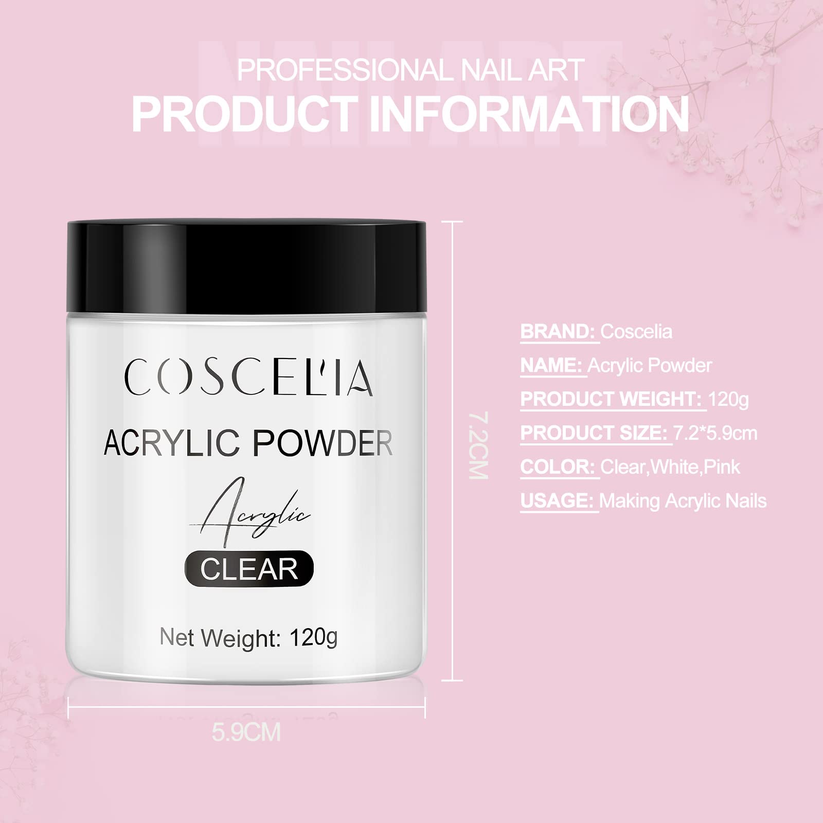 COSCELIA Uñas Arte Transparente y Rosa 120g Juego de Uñas Arte Polvo Decoración de Manicura