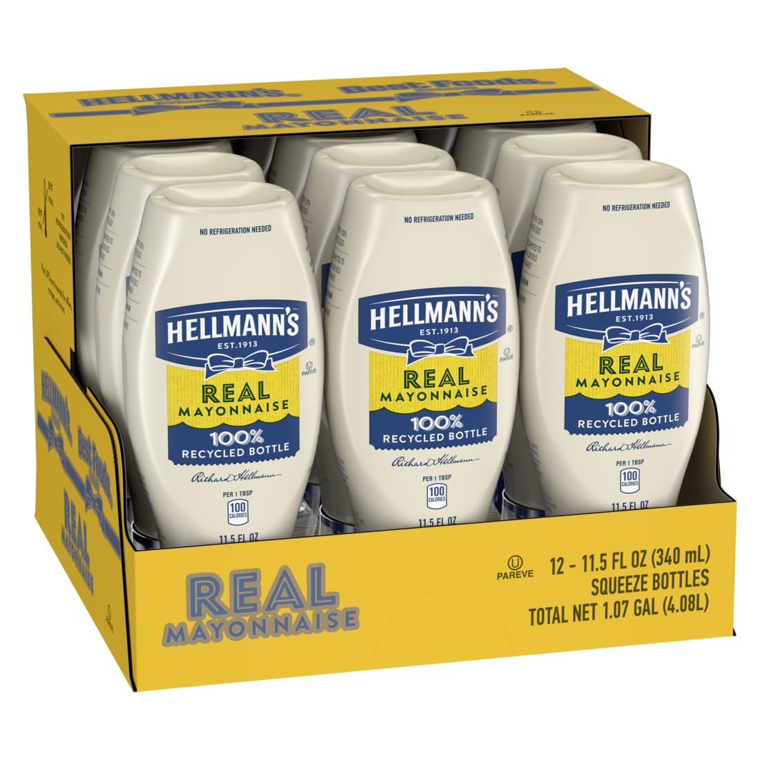 Hellmann's Real Mayonnaise Squeeze Bottle Made from 100% Recycled Plastic, No-Mess Cap, Condiment for Sandwiches, Salads, Mayo Made with Cage Free